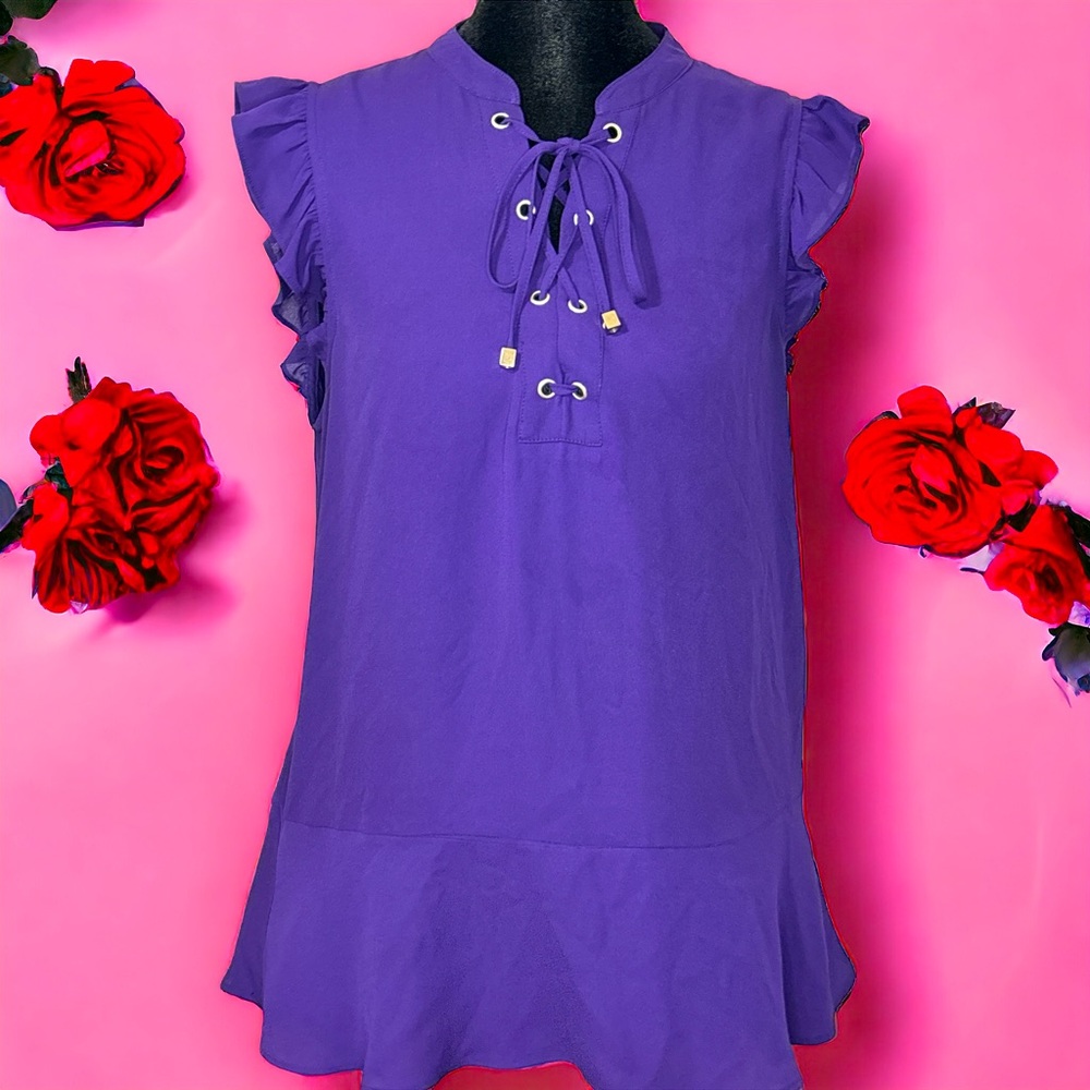 Purple Cap Sleeve Top w/ Eyelet tie detailing up the front and flutter bottom